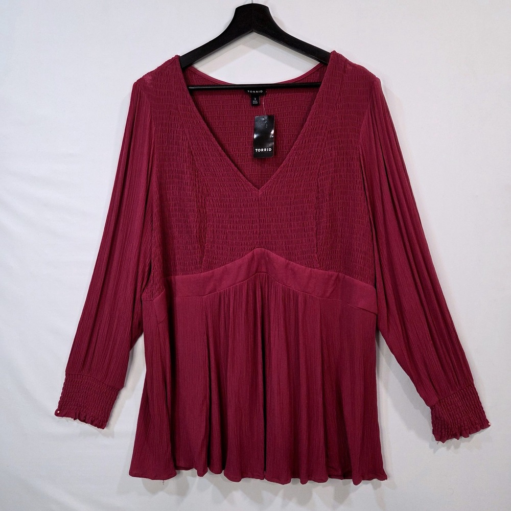 Torrid Womens 3X Burgundy Crinkle Gauze Babydoll Blouse Smocked V Neck NWT